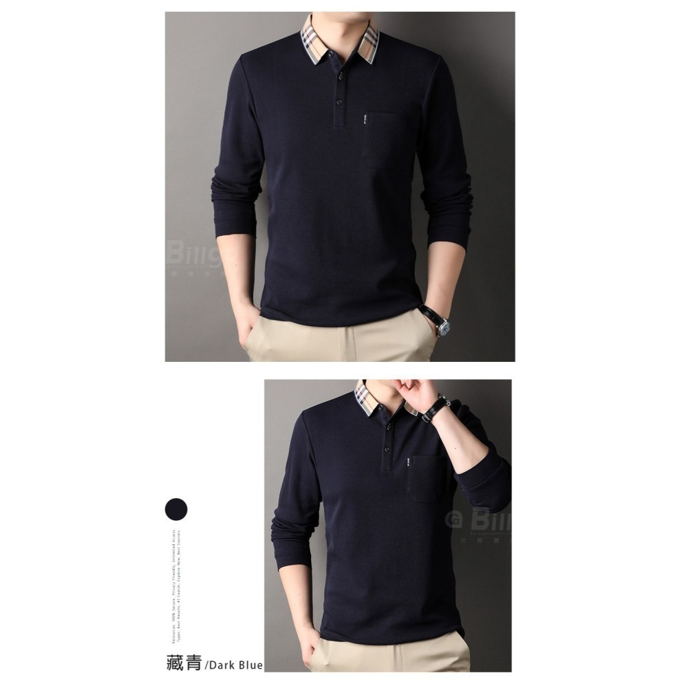 【Billgo】現貨⚡純棉格紋領口袋長袖POLO-4色 L~3XL碼 【TX163527】經典大牌風範秋冬男上衣-細節圖8