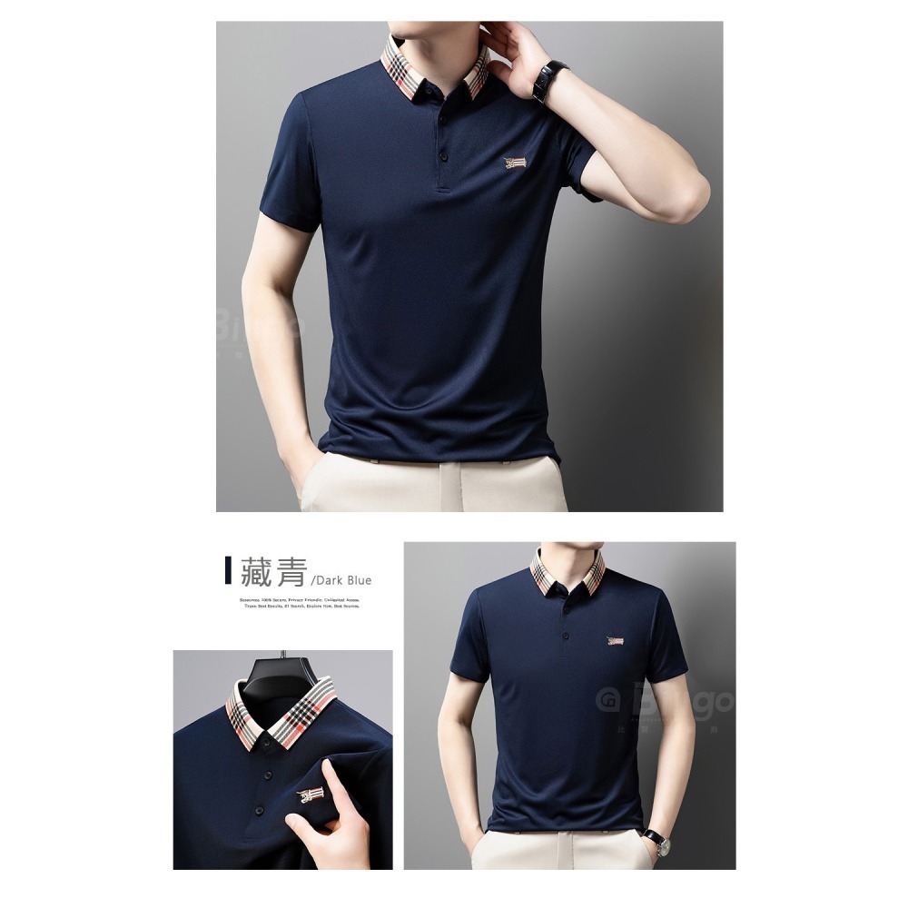 【Billgo】格紋領刺繡男短袖POLO衫5色 M~3XL碼 歐美大牌風馬旗徽章  透氣休閒V領男裝【TX164324】-細節圖9