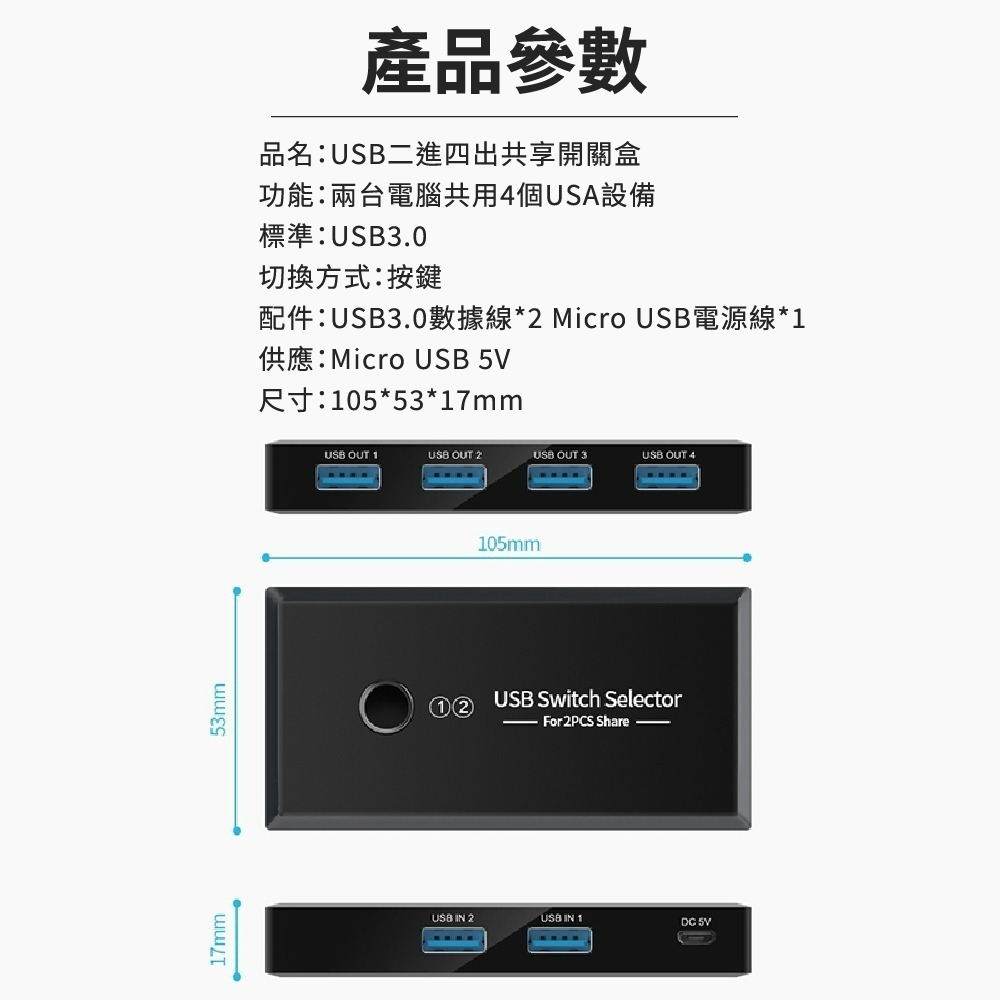 【Komori 森森機具】兩台電腦共用USB設備 USB3.0 共享器 USB二進四出共享器 多接口分線器 USB切換器-細節圖5