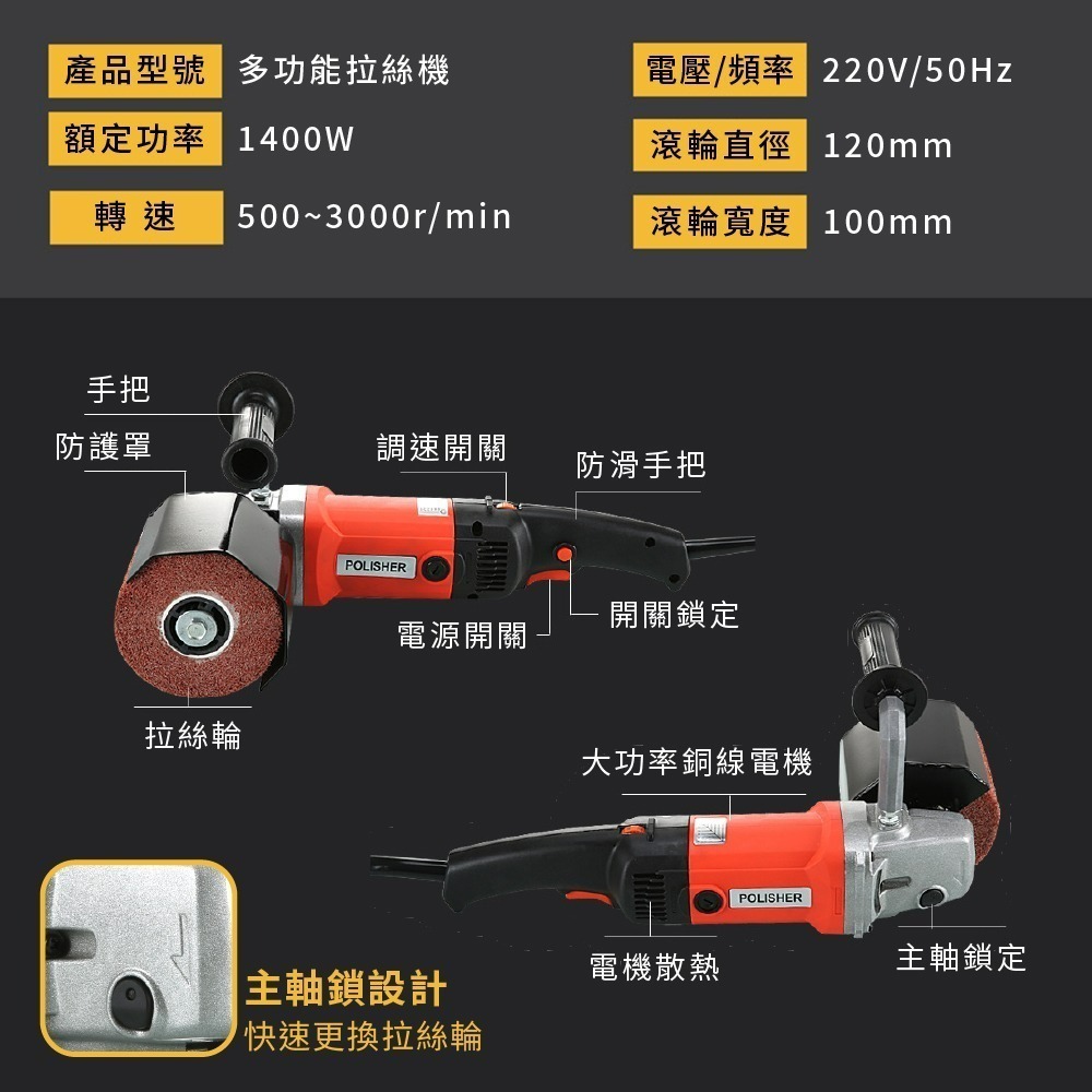 【Komori 森森機具】110V多功能拉絲機 拋光 金屬鏡面打磨 不銹鋼木材 電動 拉絲輪 10cm厚度 加厚-細節圖2