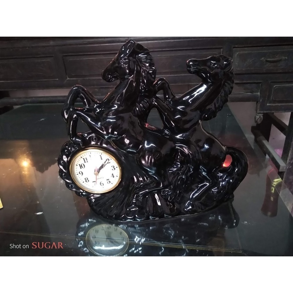 陶磁雙黑馬奔騰桌上時鐘-細節圖2