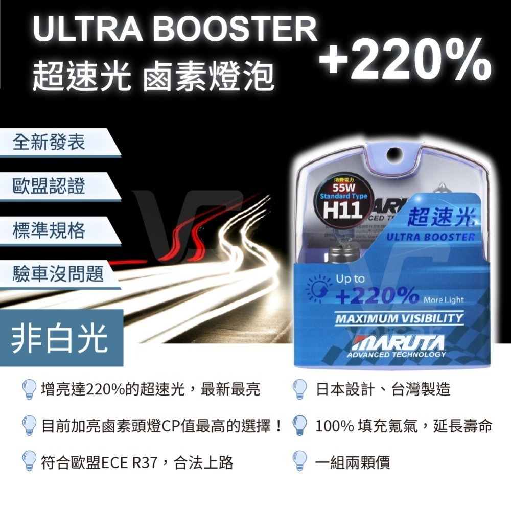 【MARUTA】【合法驗車】【贈T10燈泡】ULTRA BOOSTER +220% H11 (超速光 H11鹵素燈泡)-細節圖3