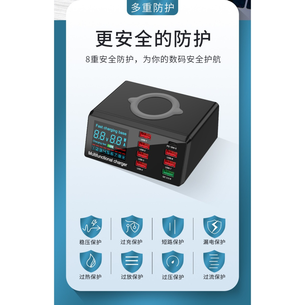 【台灣現貨】100W 多功能手機快速充電器 顯示電壓、電流  QC 3.0、PD 18W快充 10W無線充電-細節圖6