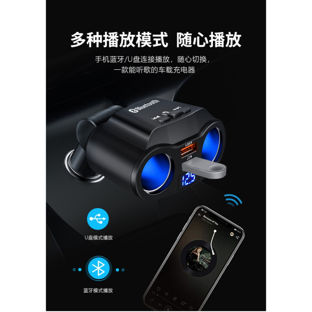 【台灣現貨】車載FM藍芽發射器 MP3播放器 雙USB車充 QC 3.0快充 免提-細節圖4