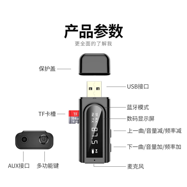 【台灣現貨】車載藍牙接收(發射)器 AUX、FM音頻雙輸出 立體聲 MP3播放-細節圖9