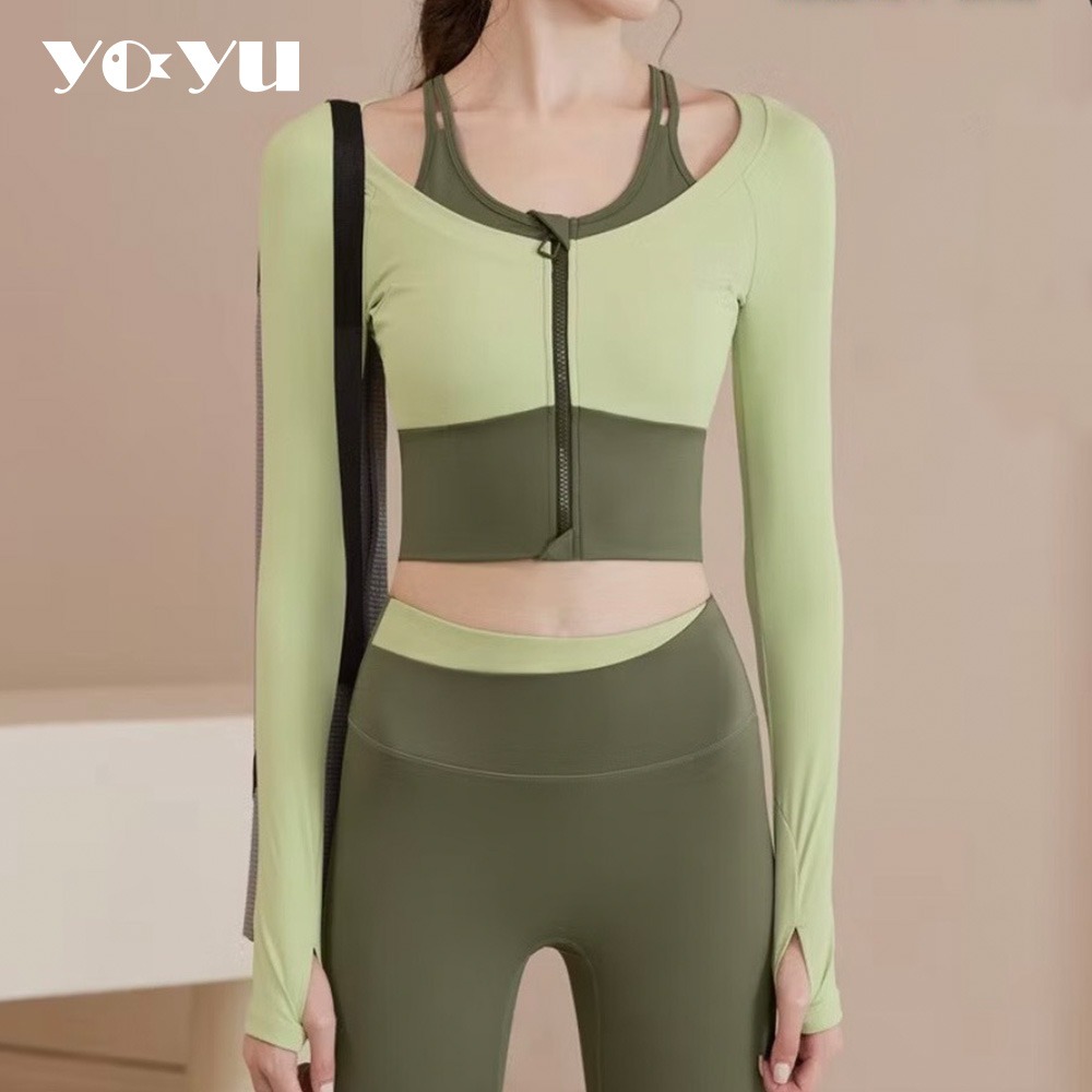 瑜伽長袖 帶胸墊 假兩件設計 短版 高彈性 吸濕排汗 瑜珈套裝 M號 多款任選 全新 現貨 隔日到貨 戶外 運動 機能-細節圖2