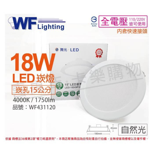 [喜萬年] 含稅 舞光 LED 18W 4000K 自然光 全電壓 15cm 平板 崁燈_WF431120