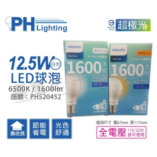 [喜萬年]含稅 PHILIPS飛利浦 LED 12.5W E27 6500K 全電壓 超極光節能球泡燈_PH520452