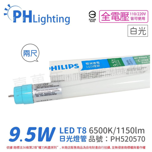 [喜萬年]白光 PHILIPS飛利浦 LED T8 2尺 9.5W 全電壓 雙邊 雙端入電 玻璃燈管_PH520570