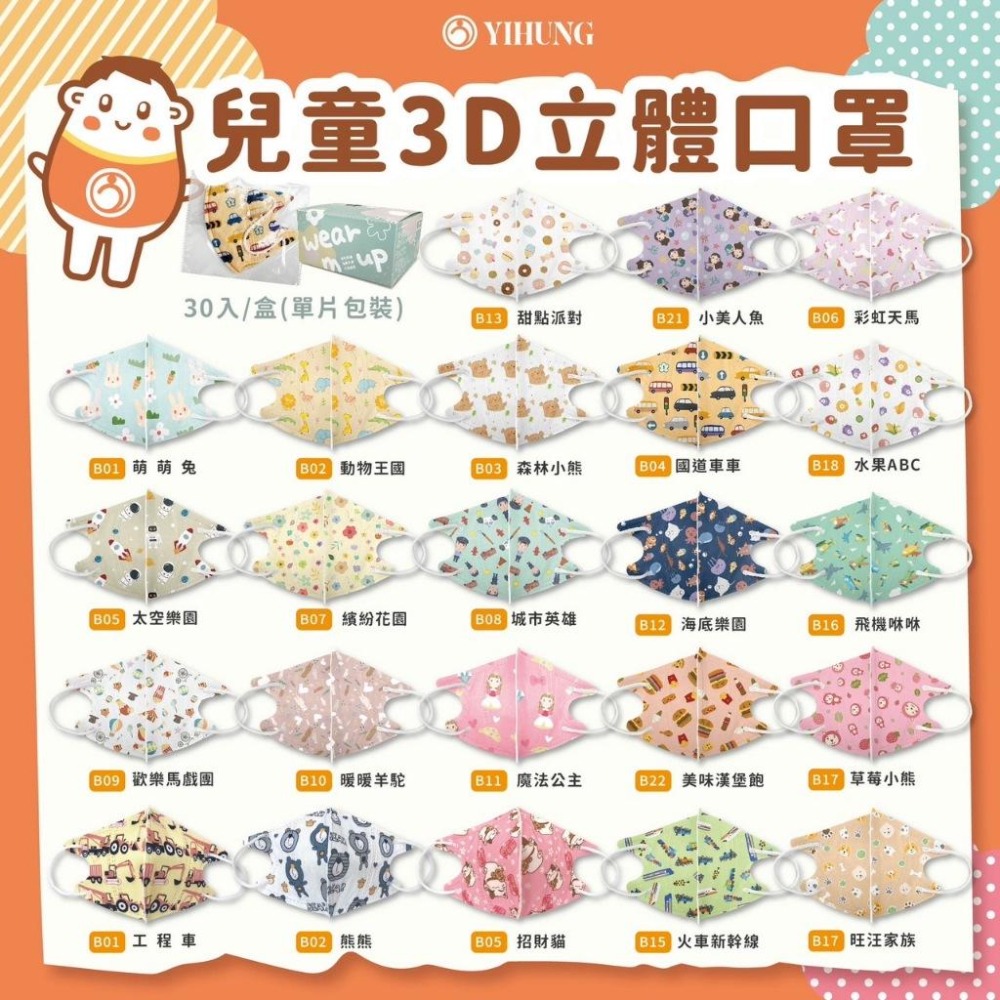 億宏兒童3D立體醫療口罩 手繪設計款 30入 單片包裝-細節圖2