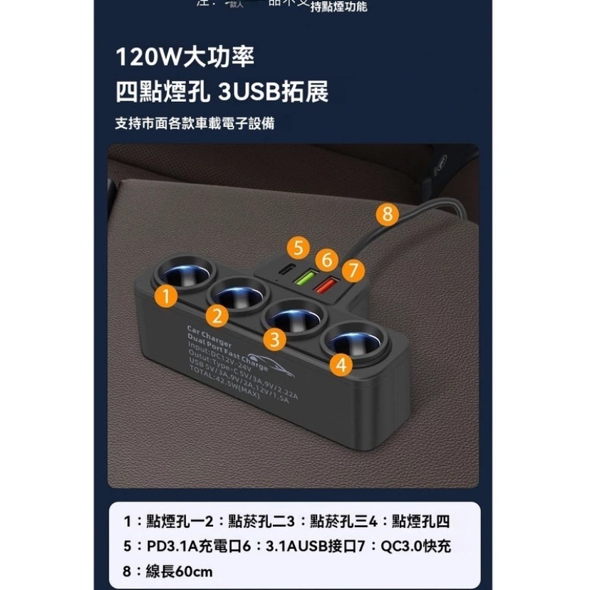 12V-24V一拖四智能轉接頭 快充QC3.0+PD30W 多功能手机快傳輸 周邊百貨 快速充 四個接口傳輸 可充電-細節圖3