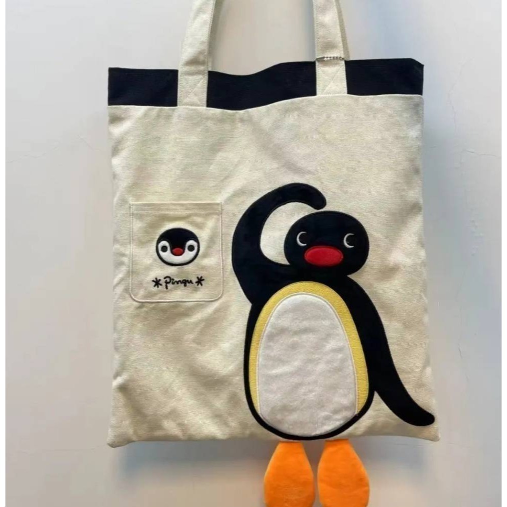 〈現貨〉企鵝家族 pingu 帆布包 帆布袋 刺繡 手提袋 手提包 腳丫 白色-規格圖3