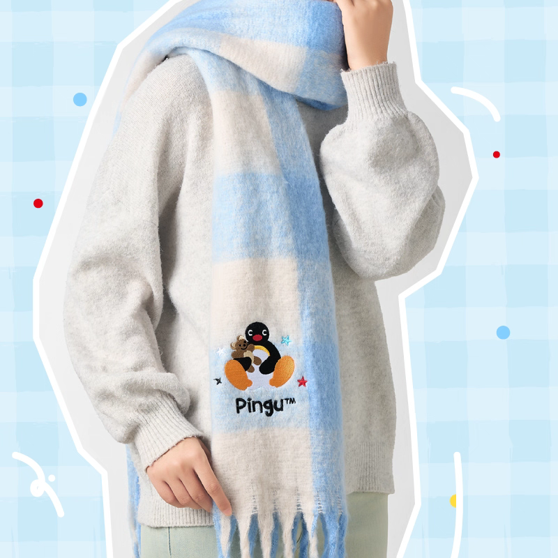 〈預購〉企鵝家族 pingu刺繡 圍巾 220cm 冬天 秋天 保暖-細節圖3