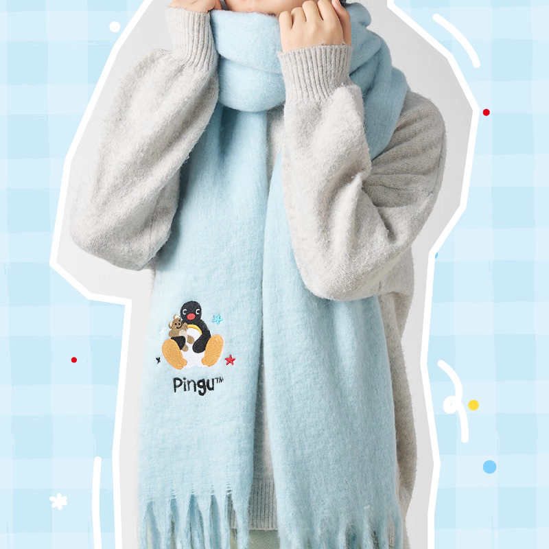 〈預購〉企鵝家族 pingu刺繡 圍巾 220cm 冬天 秋天 保暖-細節圖4
