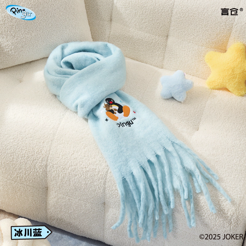 〈預購〉企鵝家族 pingu刺繡 圍巾 220cm 冬天 秋天 保暖-細節圖6