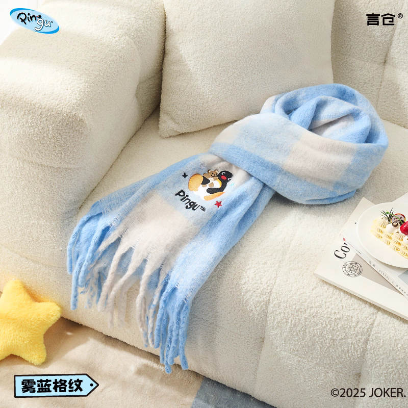 〈預購〉企鵝家族 pingu刺繡 圍巾 220cm 冬天 秋天 保暖-細節圖7