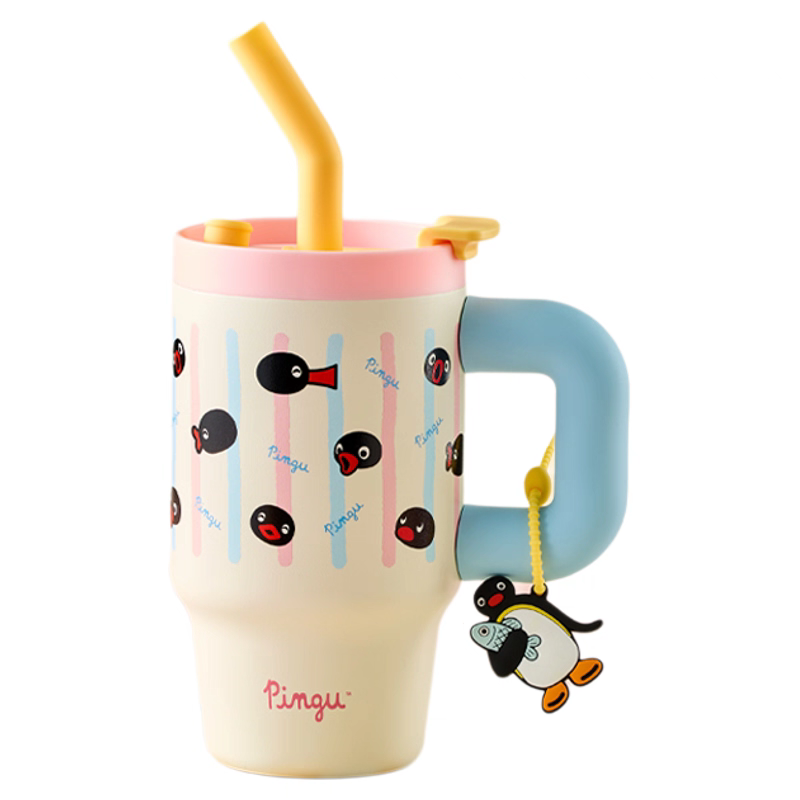 〈預購〉企鵝家族 pingu 滿版條紋 吸管 手把 保溫杯 800ml-細節圖2