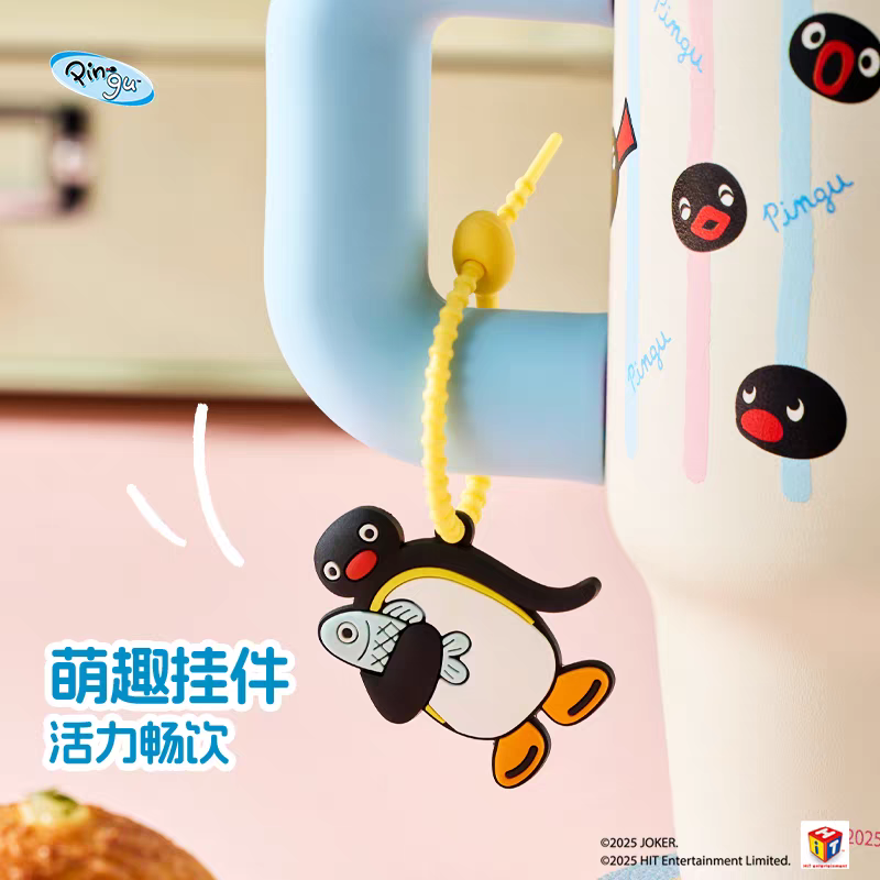 〈預購〉企鵝家族 pingu 滿版條紋 吸管 手把 保溫杯 800ml-細節圖4