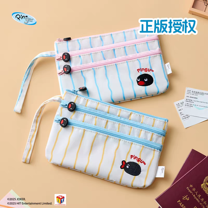 〈現貨〉企鵝家族 pingu 條紋 雙層 拉鍊包 收納包 錢包 零錢包-細節圖2