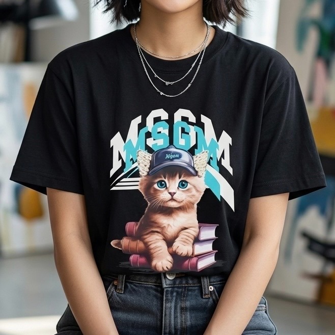 ✴ Sparkle歐美精品✴ MSGM 品牌logo+貓咪立體珍珠耳朵短袖上衣T恤 青年版 現貨/預購-細節圖3