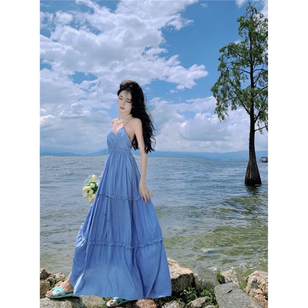 台灣現貨🔺天晴日☀️大深V 超辣 美背款 細肩 裸背 飄逸 仙度破表 連衣裙 連身裙 洋裝 美背 露肩 V領 性感 度-細節圖2