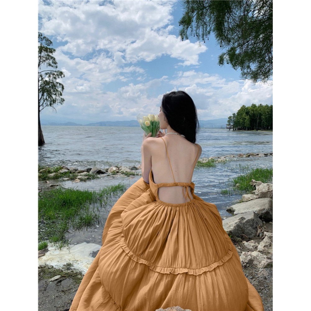 台灣現貨🔺天晴日☀️大深V 超辣 美背款 細肩 裸背 飄逸 仙度破表 連衣裙 連身裙 洋裝 美背 露肩 V領 性感 度-細節圖7
