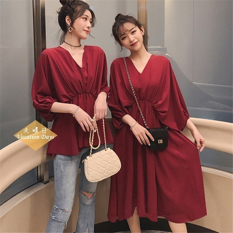 燈籠袖縮腰洋(紅)-規格文內