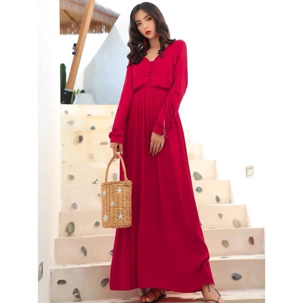 排釦棉麻連身裙-規格文內