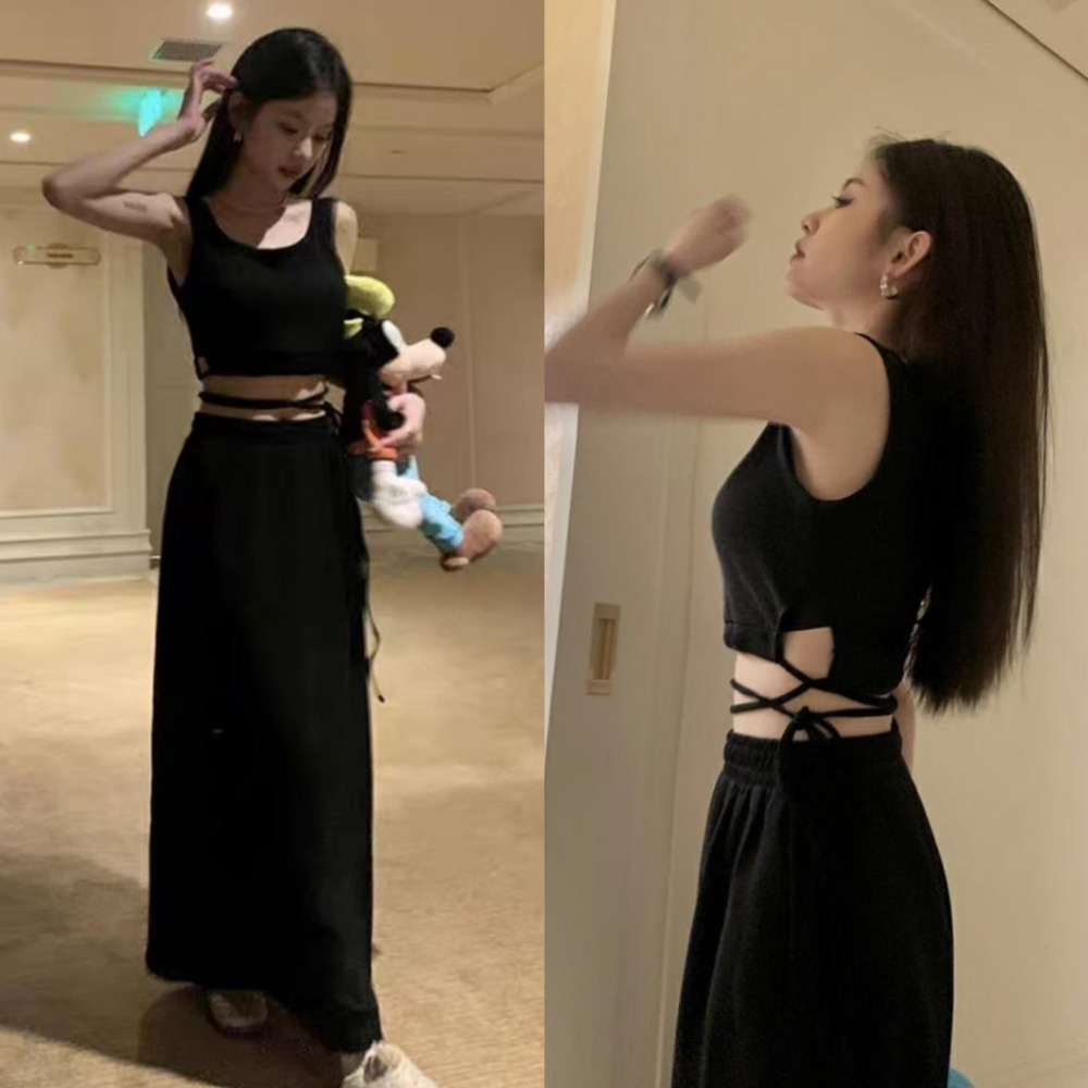 背心綁腰半裙開岔套裝(黑)-規格文內