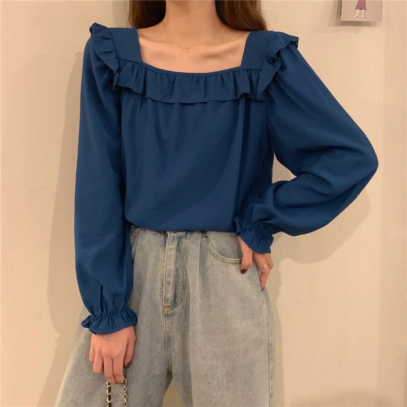 方領荷葉上衣(藍)-規格文內