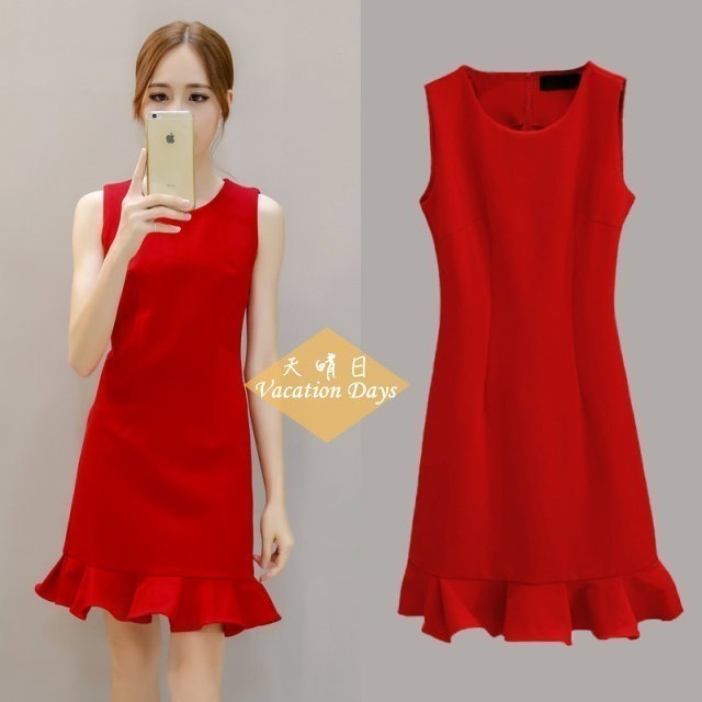 魚尾荷葉無袖洋(XL紅)-規格文內