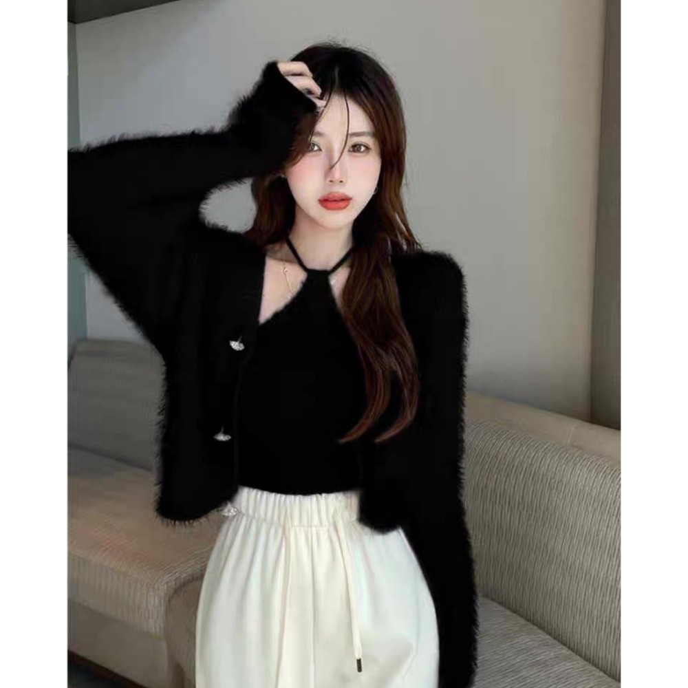 天晴日☀️綁脖 性感 兩件套 細肩 仿貂毛 親膚 針織 兩件組 套裝 韓版 實拍 韓系 外套 背心 休閒 純色-細節圖2