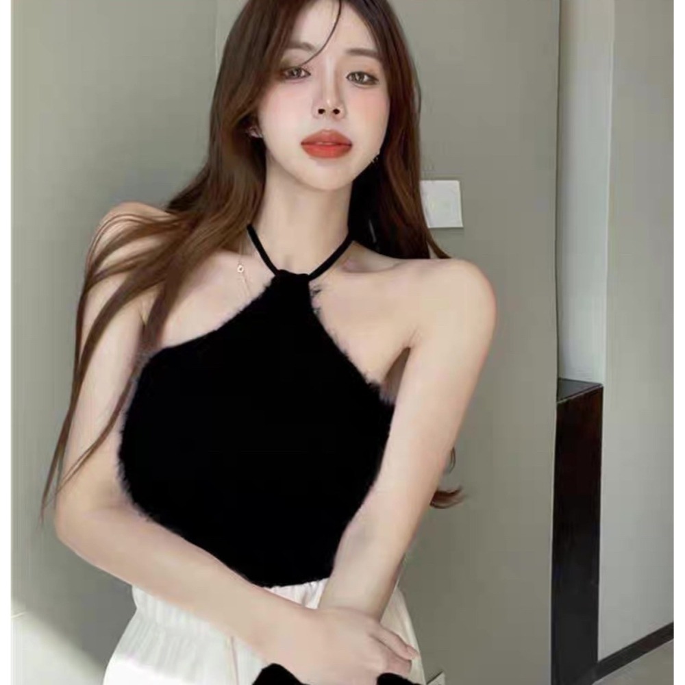 天晴日☀️綁脖 性感 兩件套 細肩 仿貂毛 親膚 針織 兩件組 套裝 韓版 實拍 韓系 外套 背心 休閒 純色-細節圖3