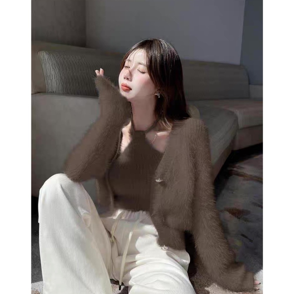 天晴日☀️綁脖 性感 兩件套 細肩 仿貂毛 親膚 針織 兩件組 套裝 韓版 實拍 韓系 外套 背心 休閒 純色-細節圖4