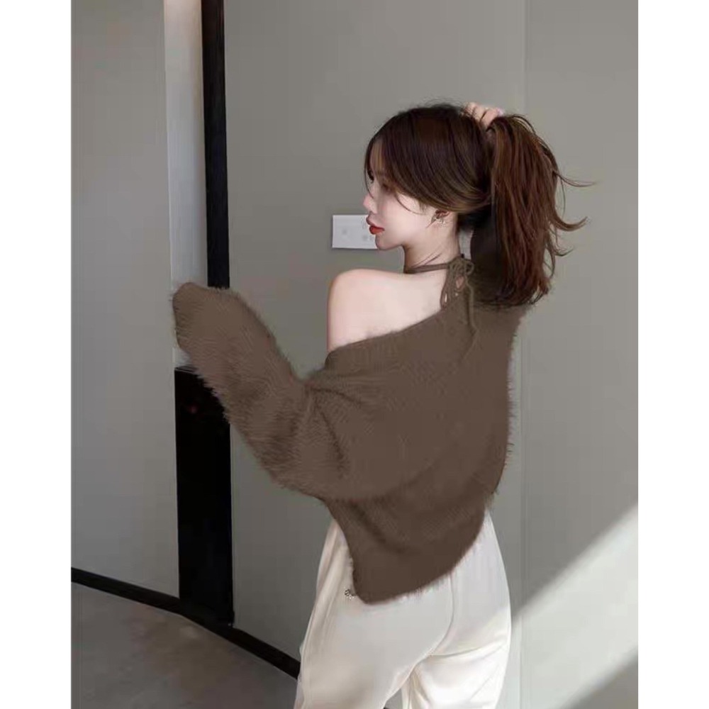 天晴日☀️綁脖 性感 兩件套 細肩 仿貂毛 親膚 針織 兩件組 套裝 韓版 實拍 韓系 外套 背心 休閒 純色-細節圖5