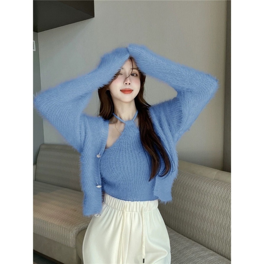 天晴日☀️綁脖 性感 兩件套 細肩 仿貂毛 親膚 針織 兩件組 套裝 韓版 實拍 韓系 外套 背心 休閒 純色-細節圖6