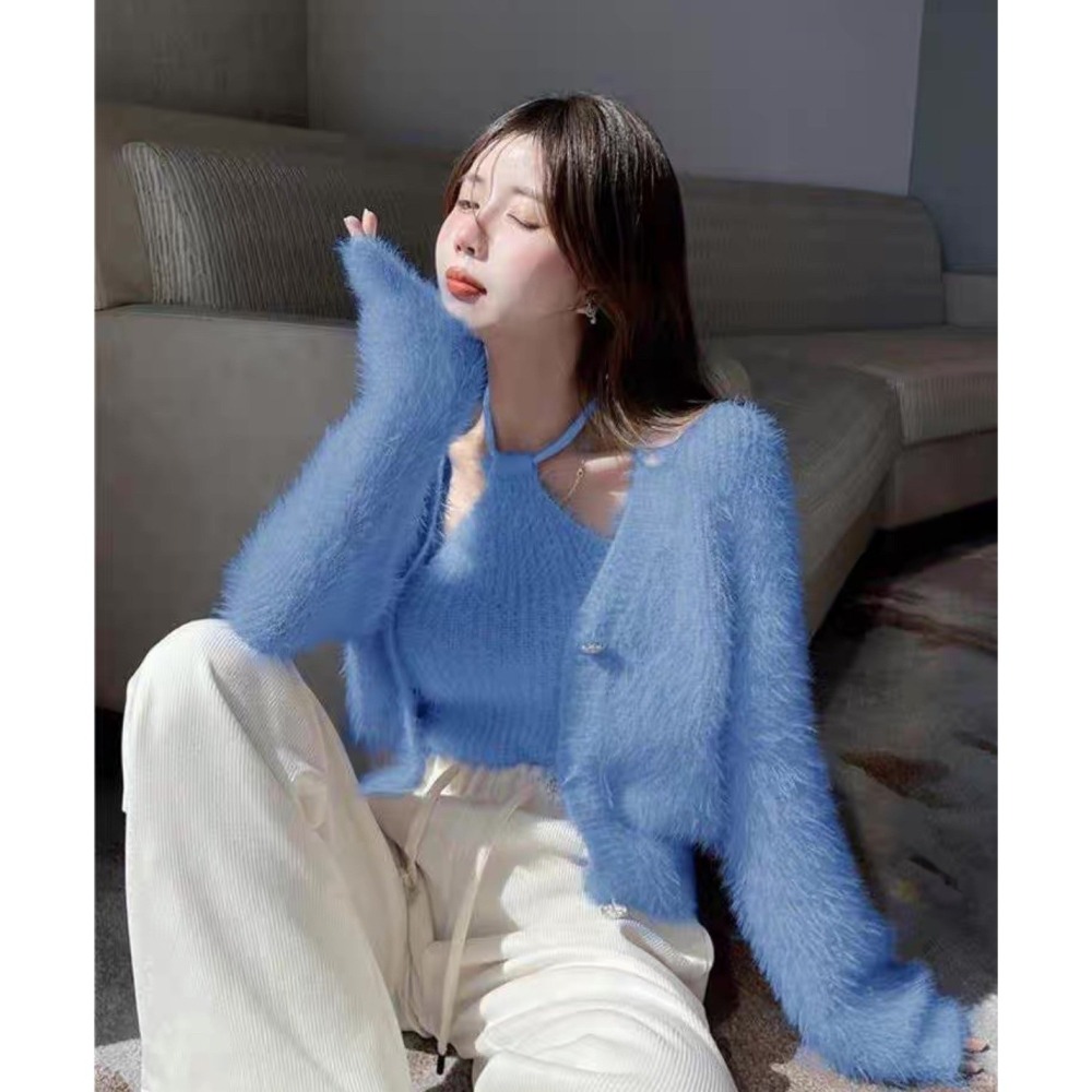 天晴日☀️綁脖 性感 兩件套 細肩 仿貂毛 親膚 針織 兩件組 套裝 韓版 實拍 韓系 外套 背心 休閒 純色-細節圖7