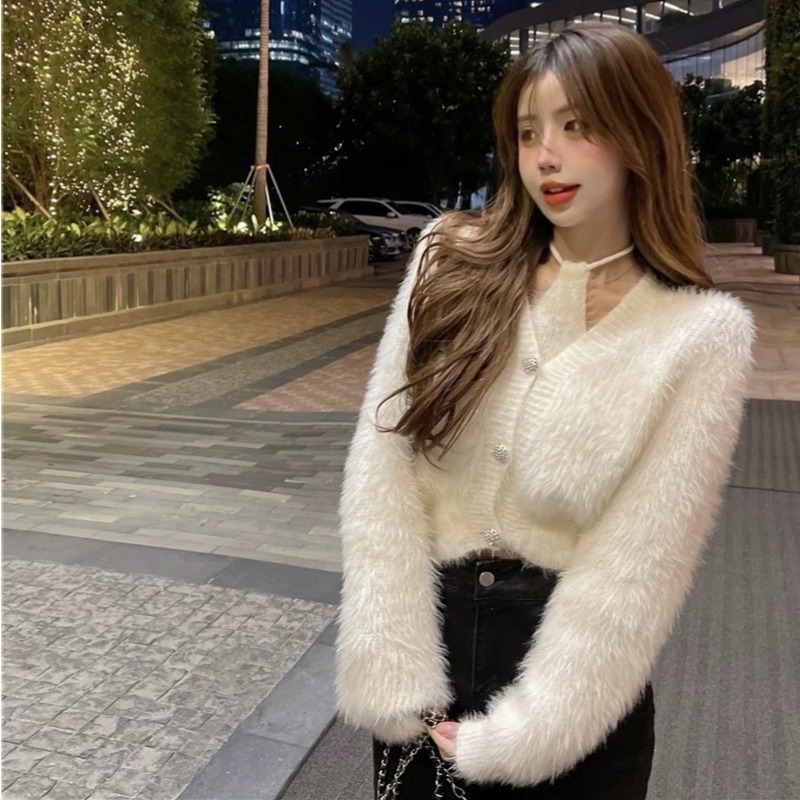 天晴日☀️綁脖 性感 兩件套 細肩 仿貂毛 親膚 針織 兩件組 套裝 韓版 實拍 韓系 外套 背心 休閒 純色-細節圖9