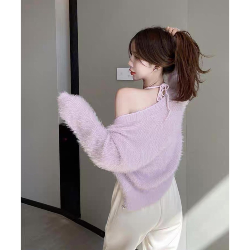 天晴日☀️綁脖 性感 兩件套 細肩 仿貂毛 親膚 針織 兩件組 套裝 韓版 實拍 韓系 外套 背心 休閒 純色-細節圖10