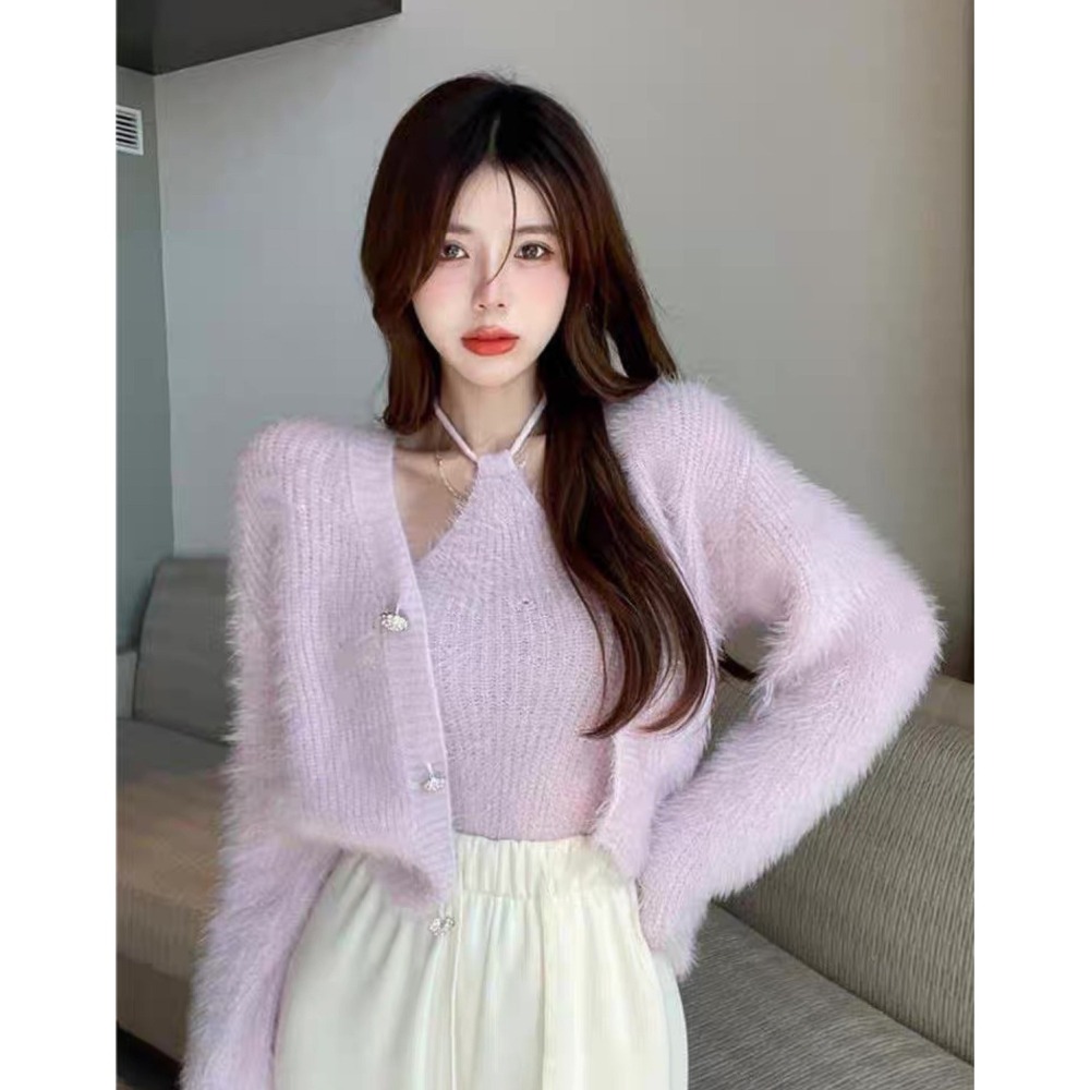 天晴日☀️綁脖 性感 兩件套 細肩 仿貂毛 親膚 針織 兩件組 套裝 韓版 實拍 韓系 外套 背心 休閒 純色-細節圖11