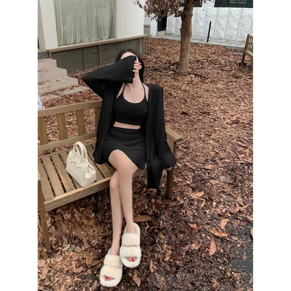 天晴日☀️超值優惠三件套 掛脖性感 細肩 仿水貂絨 親膚 三件組 套裝韓版 包臀裙 短裙韓系外套背心休閒純色-細節圖2