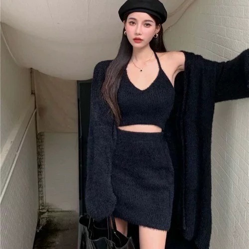 天晴日☀️超值優惠三件套 掛脖性感 細肩 仿水貂絨 親膚 三件組 套裝韓版 包臀裙 短裙韓系外套背心休閒純色-細節圖4