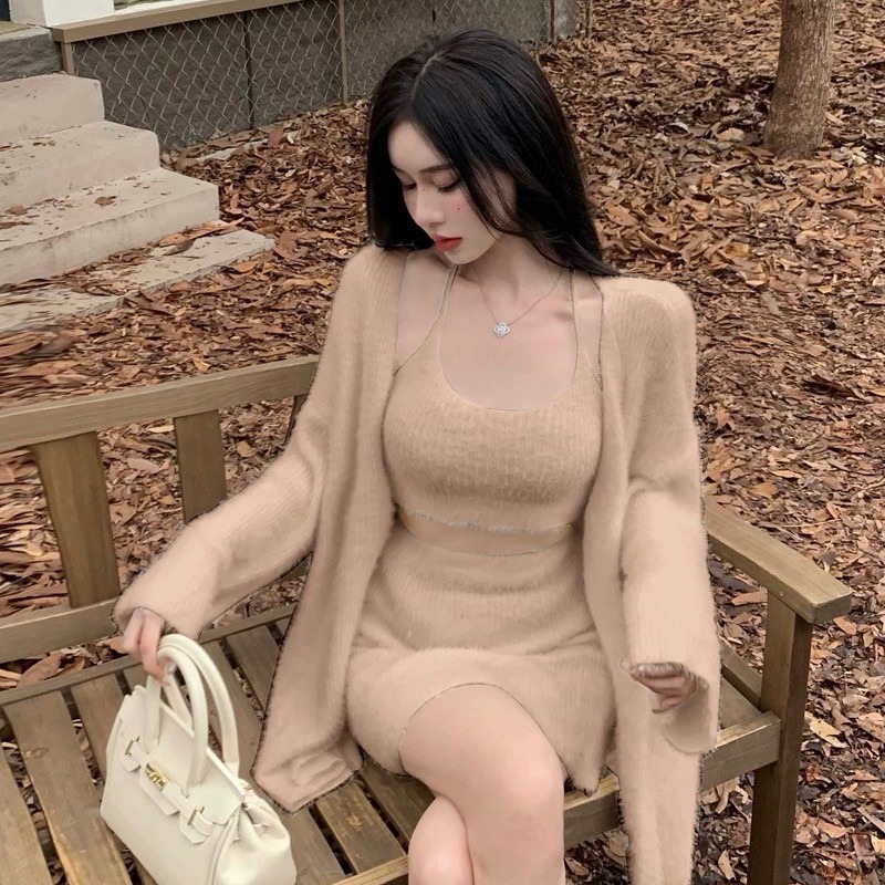 天晴日☀️超值優惠三件套 掛脖性感 細肩 仿水貂絨 親膚 三件組 套裝韓版 包臀裙 短裙韓系外套背心休閒純色-細節圖10