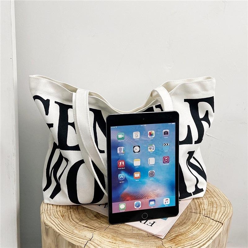 🇹🇼台灣出貨 👏印花帆布袋大容量單肩大包字母休閒托特包時尚手提帆布包-細節圖2