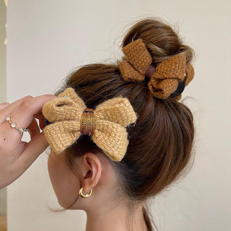 🇹🇼台灣出貨👏 優雅毛線蝴蝶結頭飾髮夾 可愛氣質丸子頭抓夾高級感髮夾-細節圖2