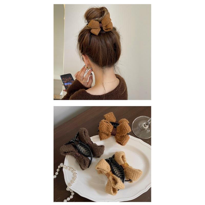 🇹🇼台灣出貨👏 優雅毛線蝴蝶結頭飾髮夾 可愛氣質丸子頭抓夾高級感髮夾-細節圖4