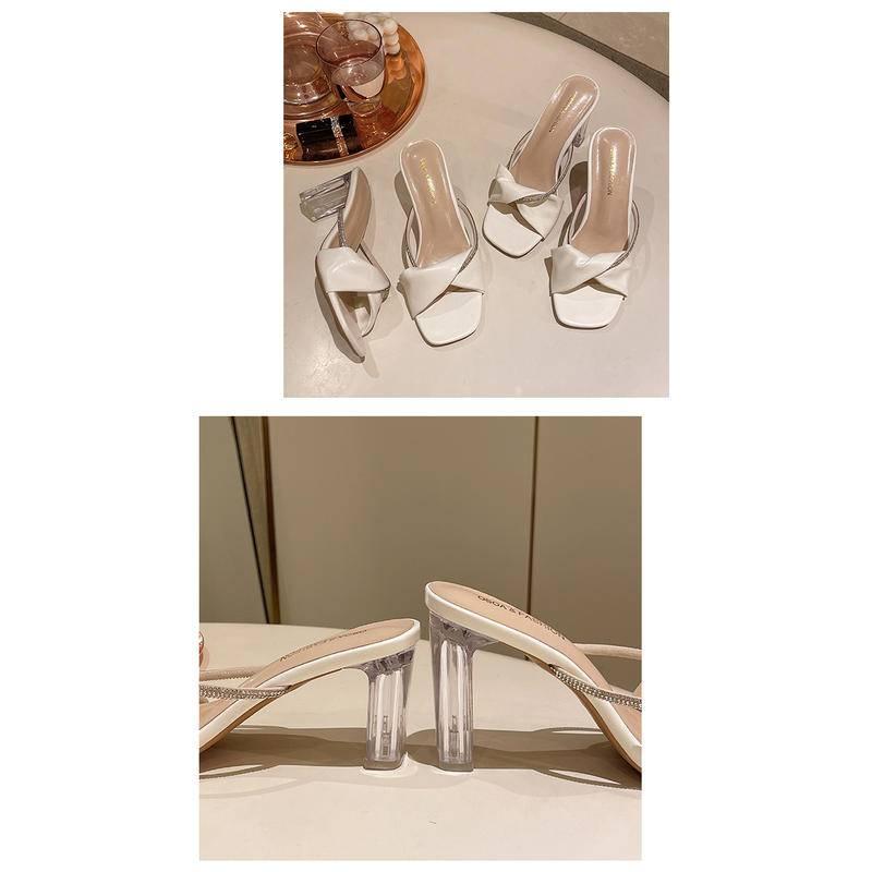 W.A.N.Y.I 百搭水鑽露趾水晶粗跟一字拖高跟凉拖鞋-細節圖6