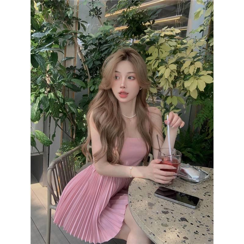 W.A.N.Y.I  粉色露背吊帶百褶連衣裙-細節圖5