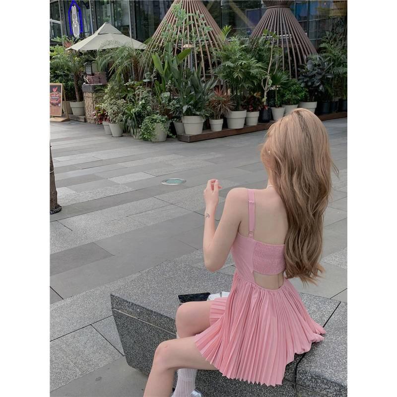 W.A.N.Y.I  粉色露背吊帶百褶連衣裙-細節圖8