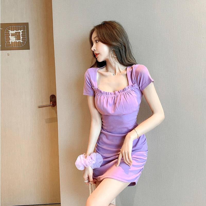 W.A.N.Y.I  方領抓皺修身紫色連衣裙 洋裝-細節圖2